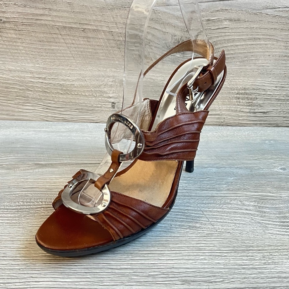Michael Kors Bella Du Mod Brown Leather Silver Strappy Slingback Sandals Size 10